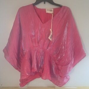 Savanna Jane Hot Pink Boho Chic Peplum Hem Metallic Lustrous Top Womens Sz L NWT